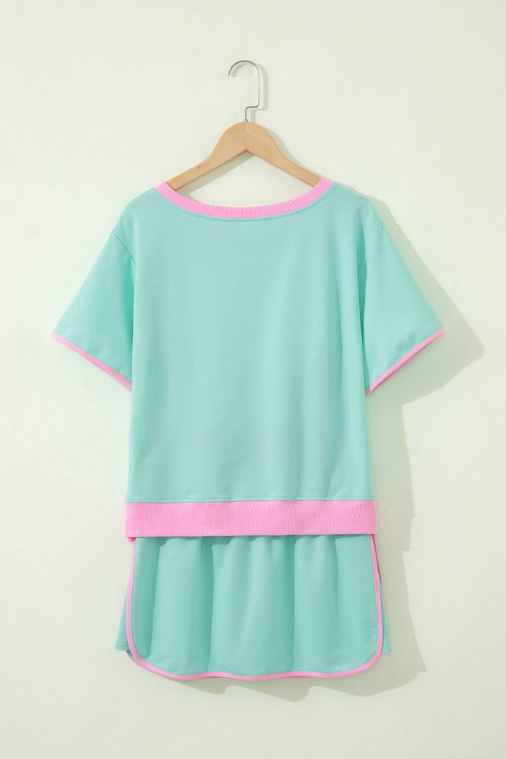 Colorblock Edge Drop Shoulder T Shirt and Skort 2Pcs Set