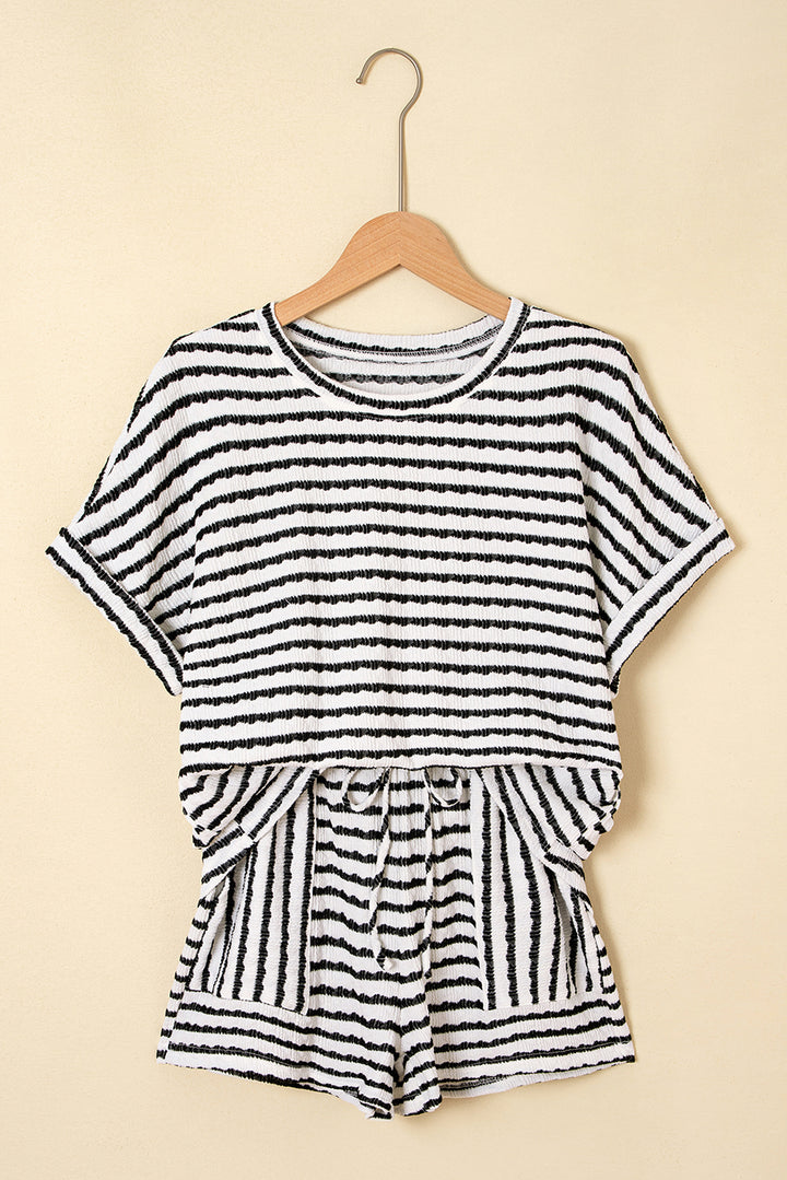 Stripe Knitted Short Sleeve Top and Drawstring Shorts Set