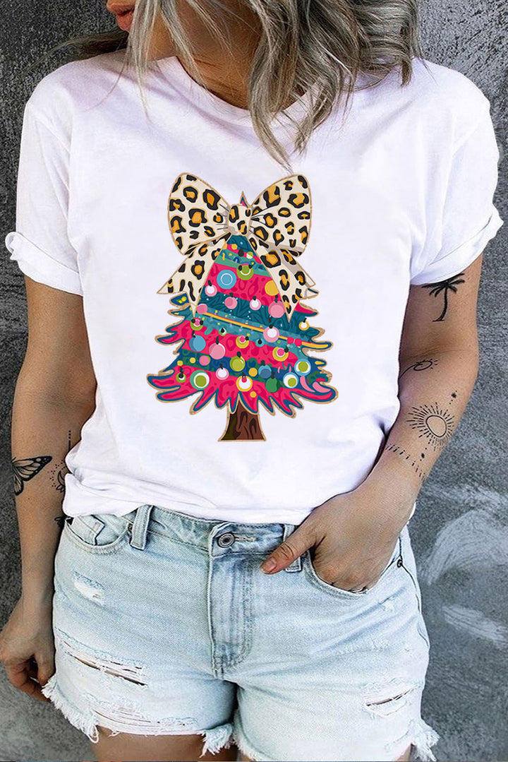 Leopard Bow Christmas Tree Printed Plus Size T Shirt