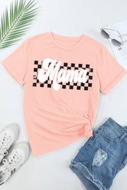 Pink Mama Checkered Graphic O Neck Casual T Shirt -
