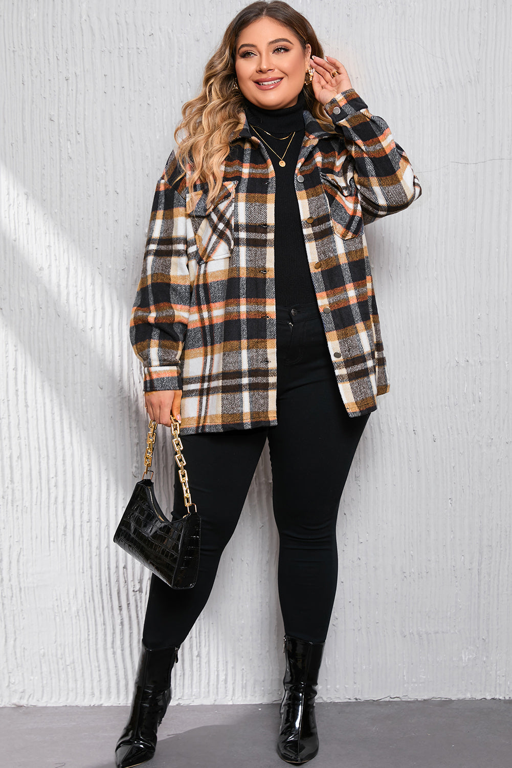 Geometric Plaid Print Pocketed Shacket