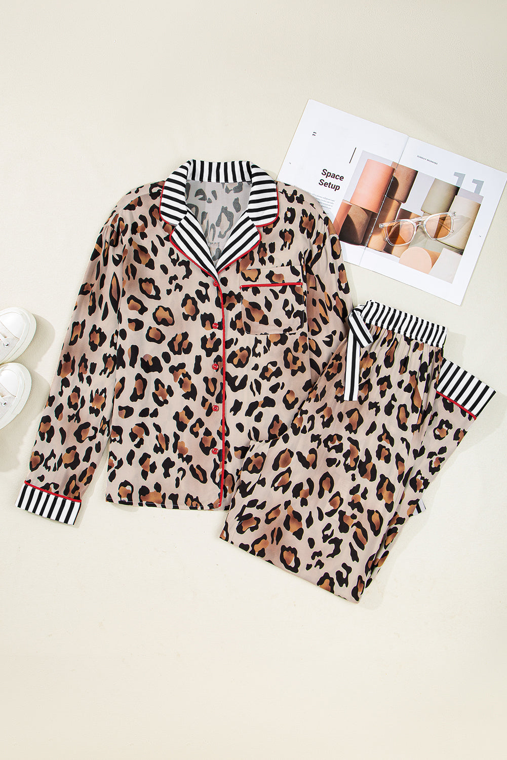 Khaki Leopard Print Color block Striped Edge Shirt and Pants Pajama Set