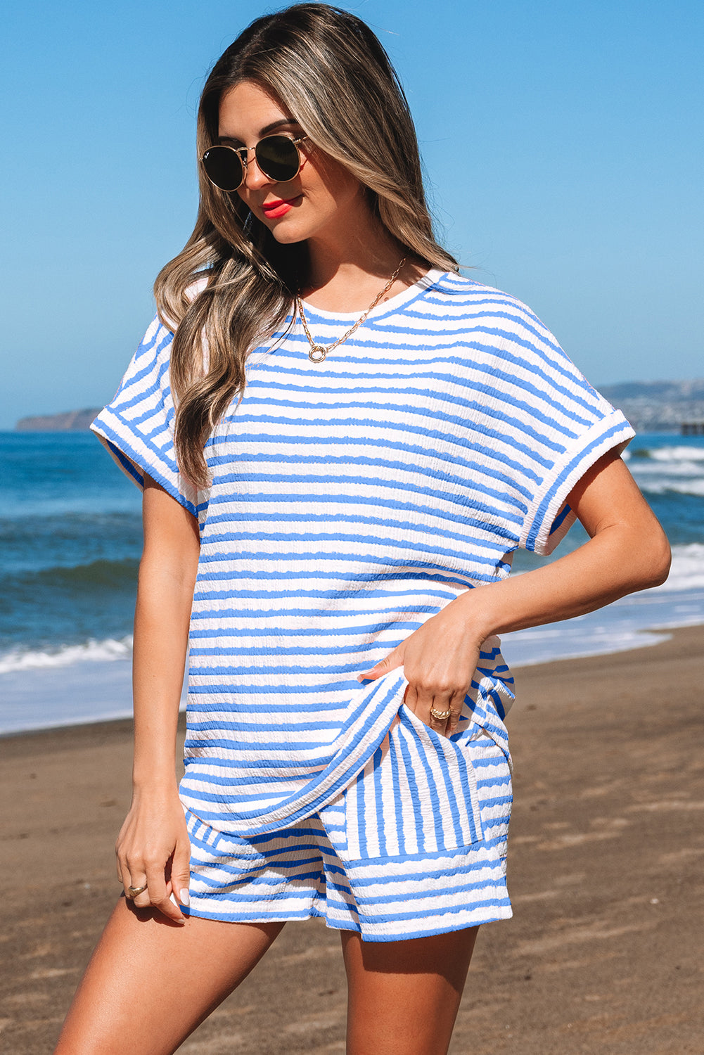 Stripe Knitted Short Sleeve Top and Drawstring Shorts Set