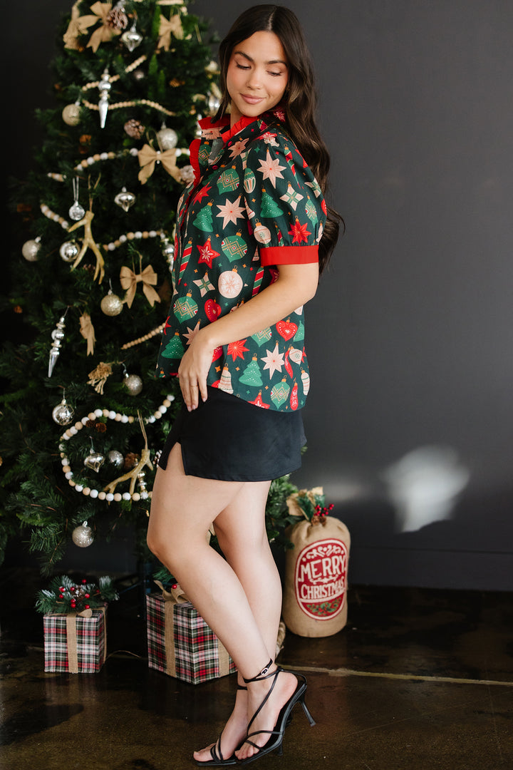 Green Christmas Fashion Print Contrast Trim Frilled Neck Short Sleeve Blouse