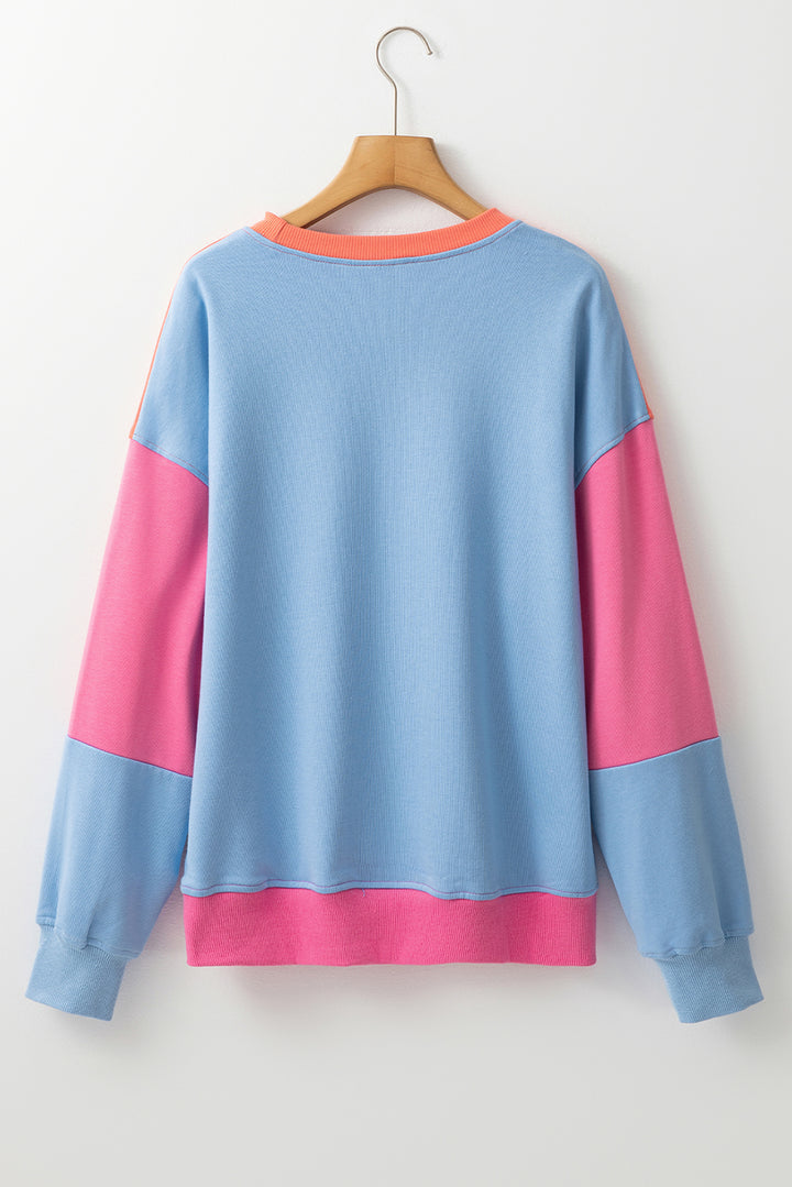 Bright Pink Colorblock Patchwork Drop Shoulder Sweatshirt