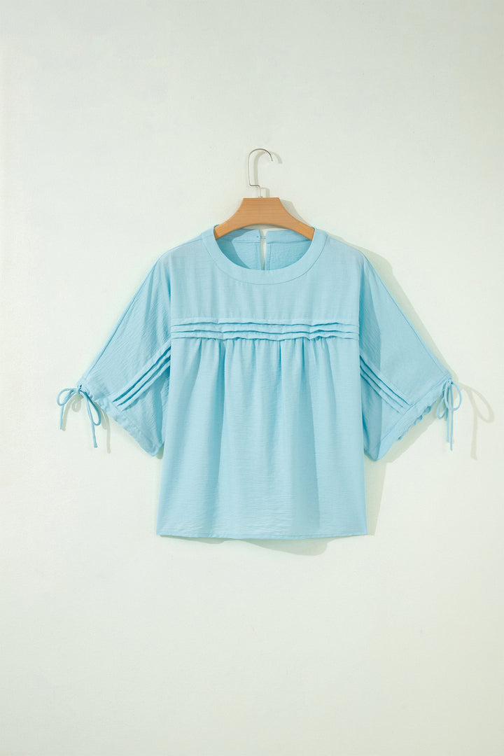 Tie Half Sleeve Pleated Detail Babydoll Blouse