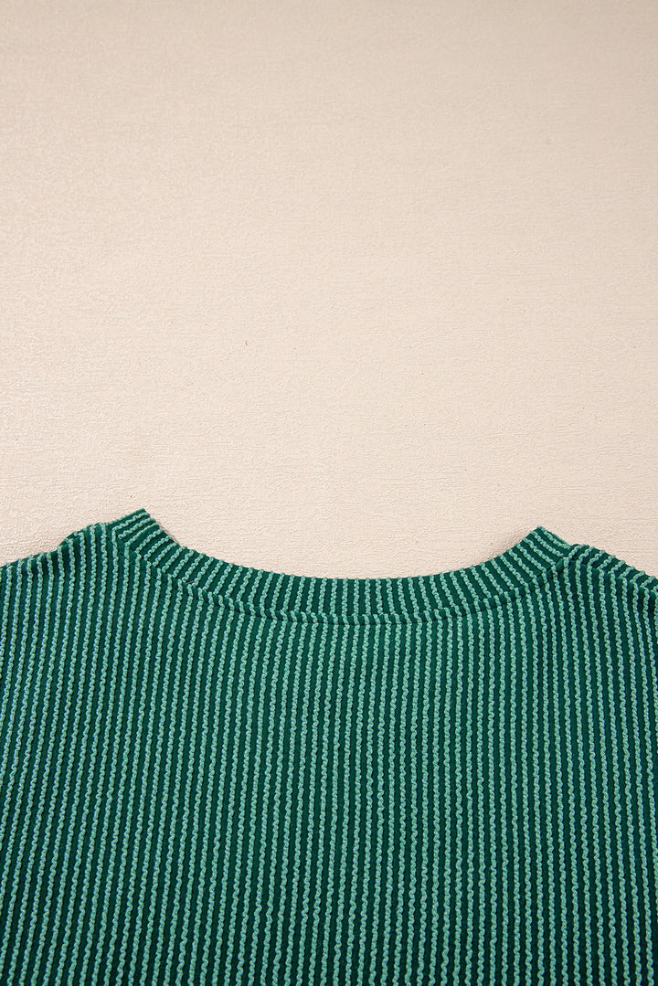 Back neckline detail of green Evergreen JOLLY Corded Top. Soft ribbed fabric for comfort from Faith & Co. Boutique.