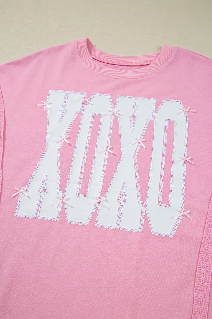 Pink Bow Sequin XOXO Letter Graphic Exposed Seam Baggy Sweatshirt