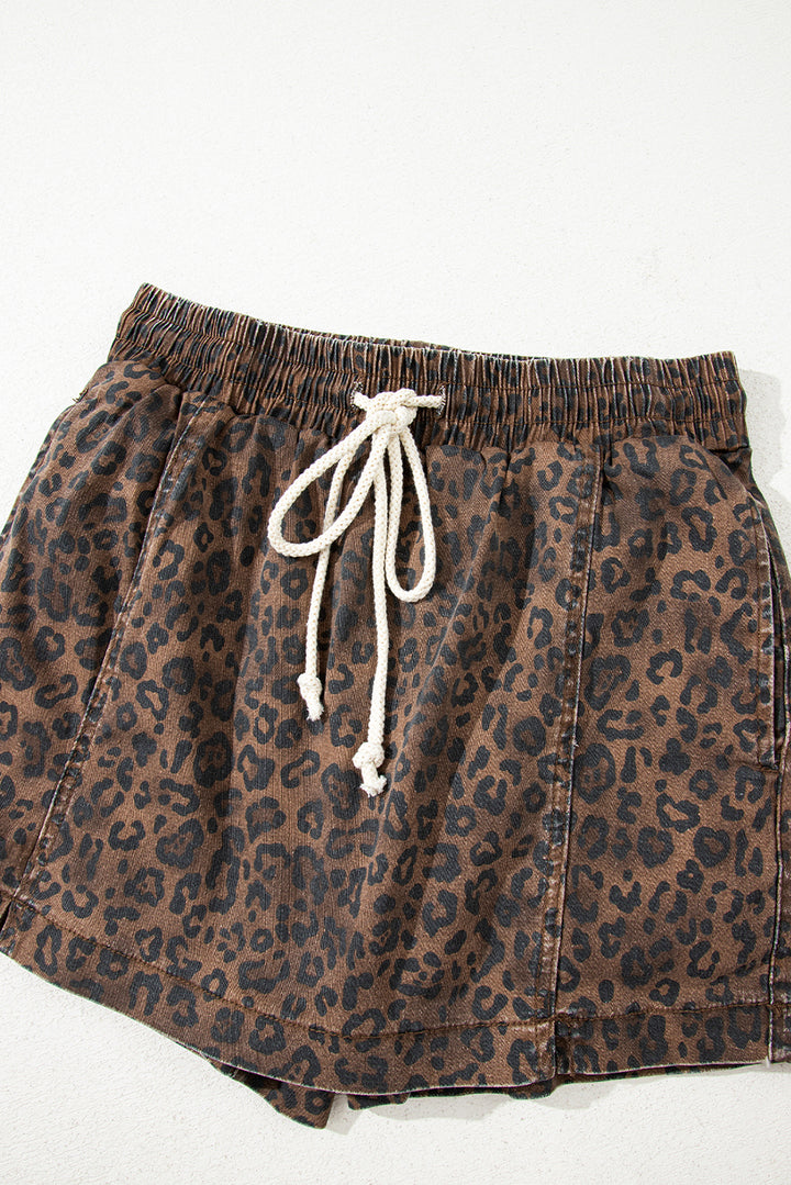 Brown Leopard Print Elastic Waist Drawstring Denim Skort