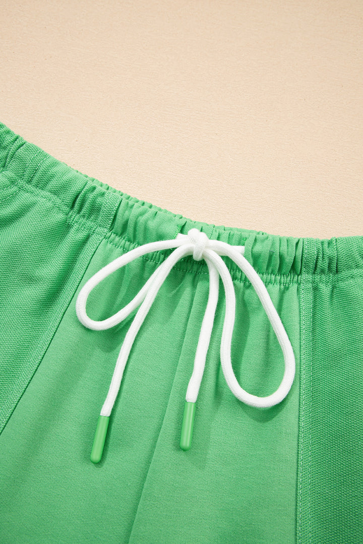 Mint Green V Neck Drop Shoulder Tee and Patchwork Drawstring Shorts Set