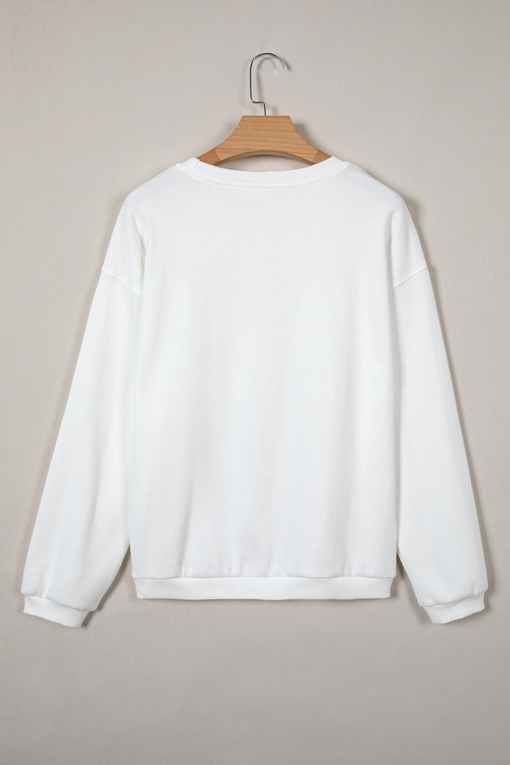 White 3d Ribbed XOXO Heart Embroidered Drop Shoulder Sweatshirt