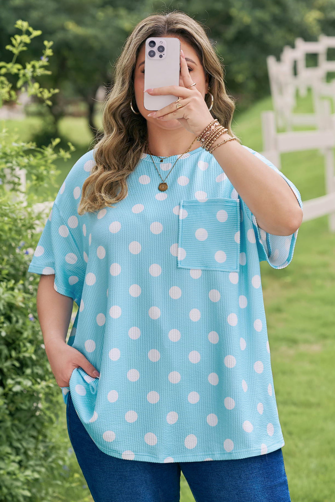Twisted Rib Polka Dot Print Plus Size T Shirt