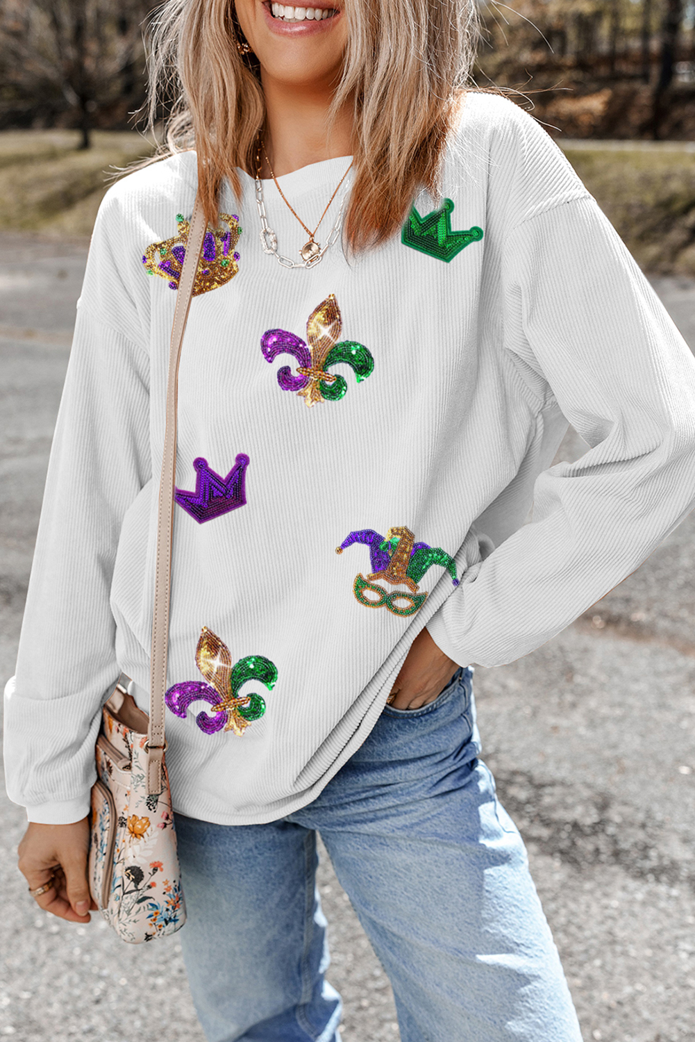 White  Mardi Gras Symbol Crown Mask Patched Corded Sweatshirt