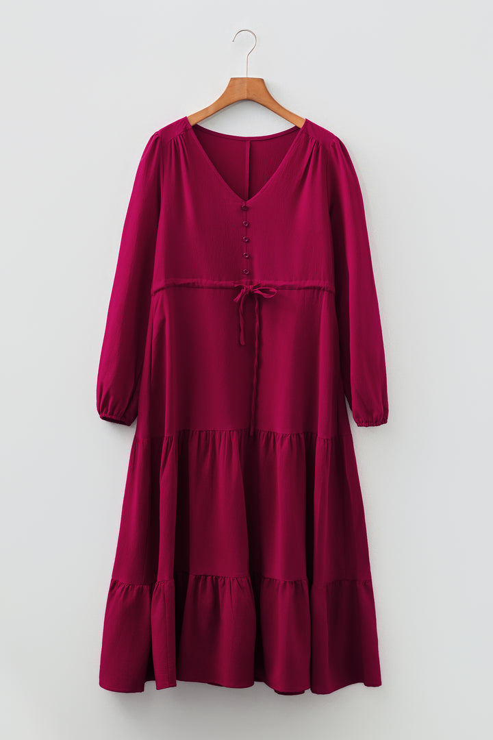Solid color Long Sleeve Button V Neck Tiered Maxi Dress
