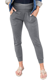 Grey Basic Pleated Pocket High Waisted Leggings -