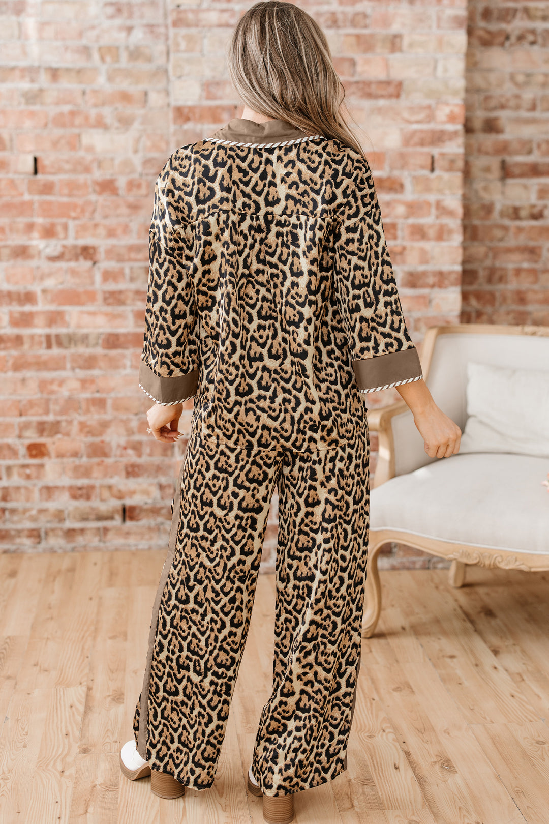 Brown Leopard Collared 3/4 Sleeve Shirt and Loose Pants Two Piece Outfit Set