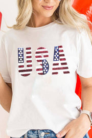 a woman wearing a usa t - shirt with the american flag on it