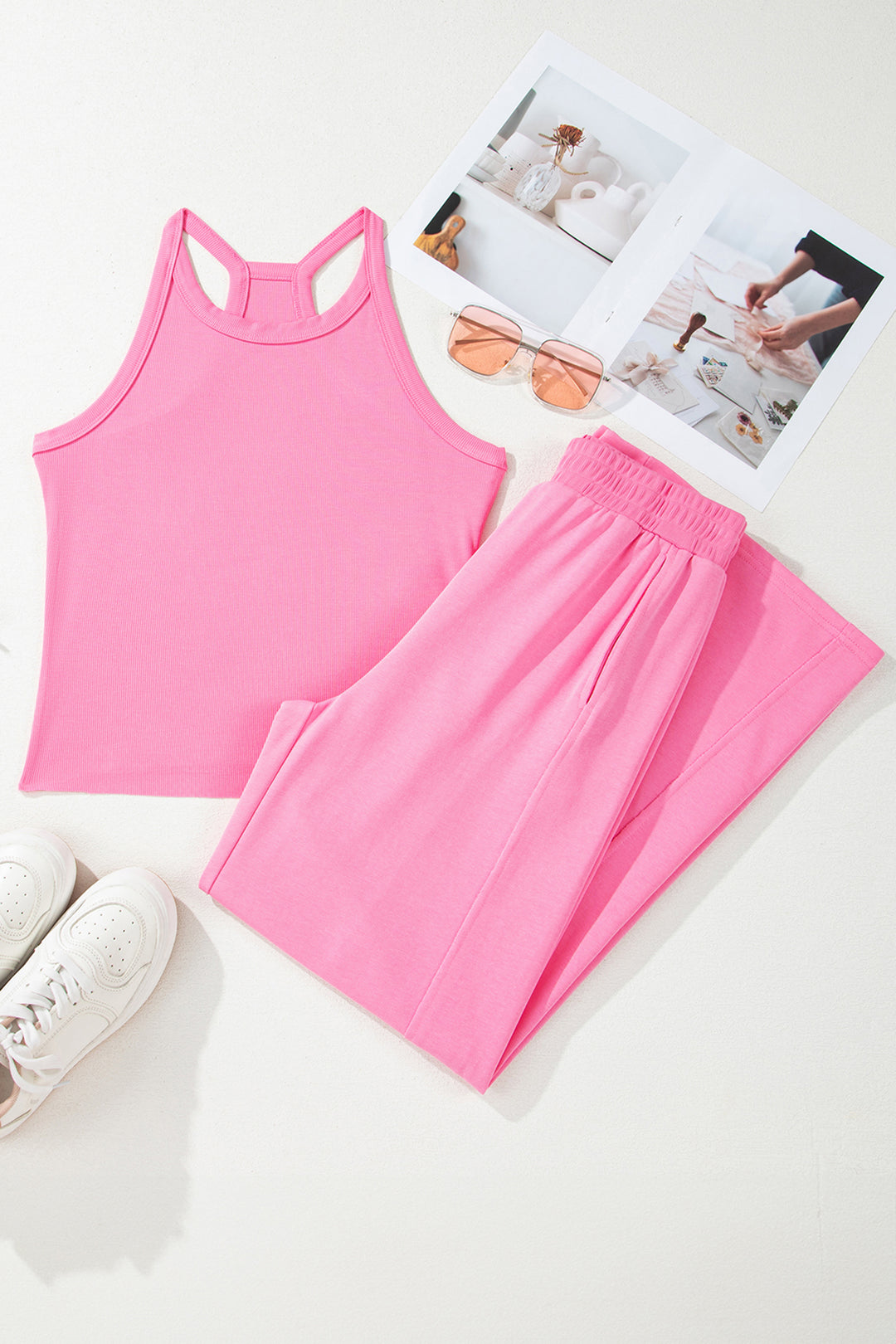 Sachet Pink Slim Ribbed Tank Top and Sweatpants Set