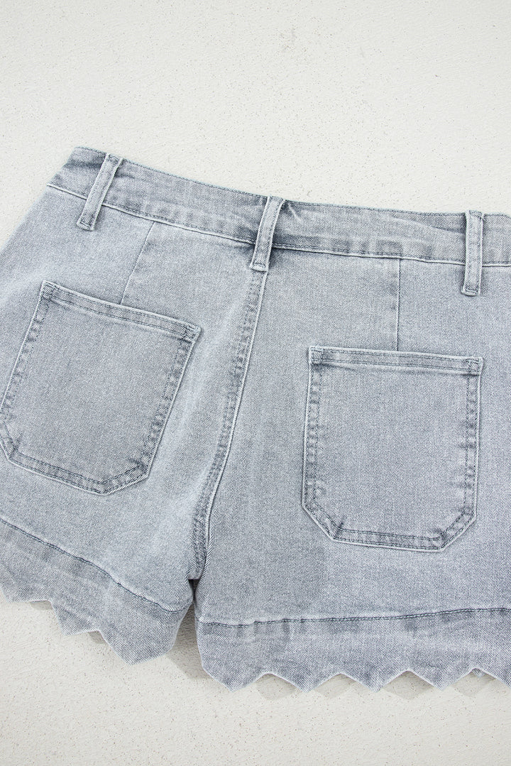 Sail Blue Scalloped Hemline Acid Wash High Waist Denim Shorts