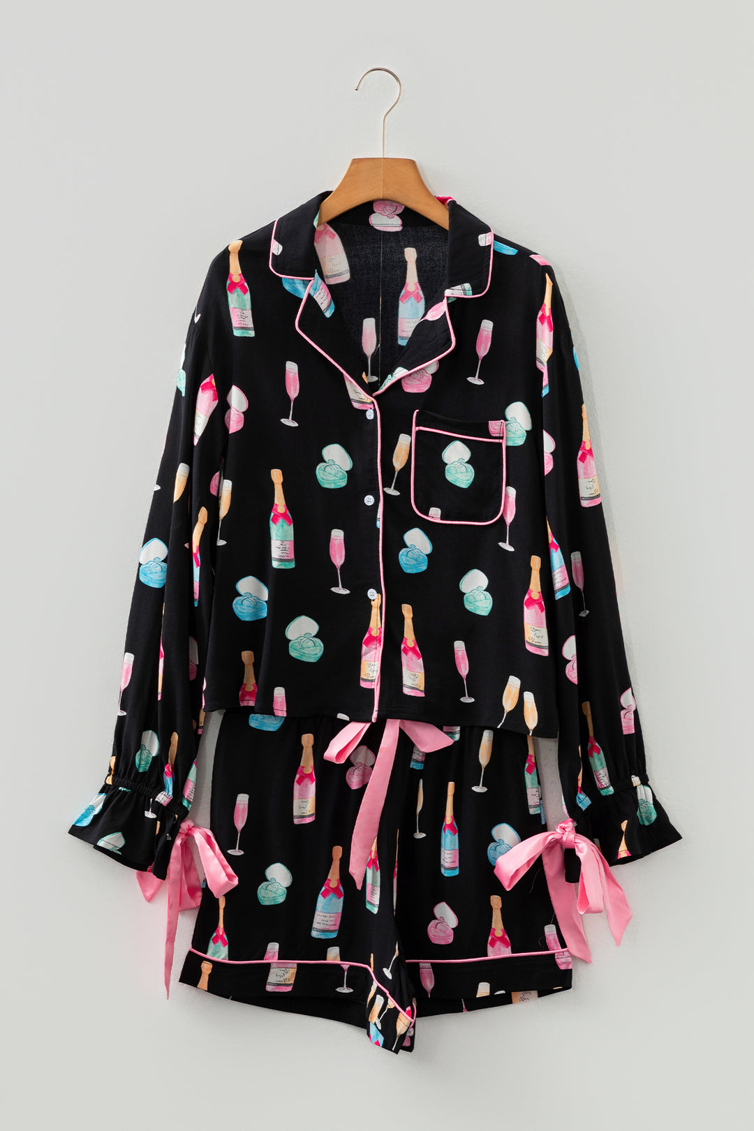 Christmas Wine Glass Print Bow Knot Two Piece Pajama Set