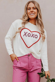 White Heart XOXO Pattern Casual Knitted Sweater -