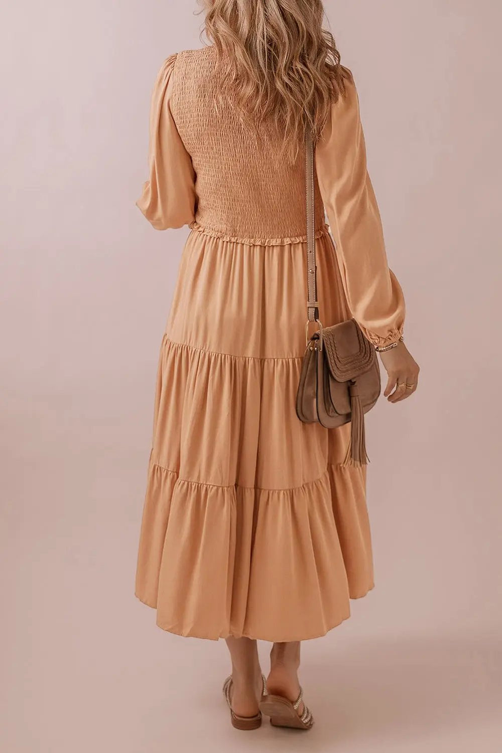 Pale Chestnut Smocked V Neck Long Sleeve Ruffle Dress -