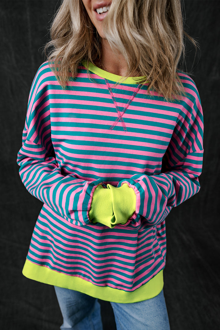 Stripe Oversized Contrast Trim Pullover Sweatshirt