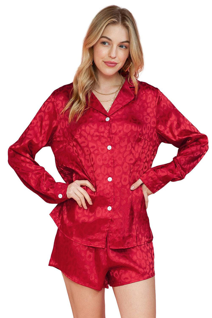 Red Leopard Satin Long Sleeve Top & Shorts Loungewear Set -