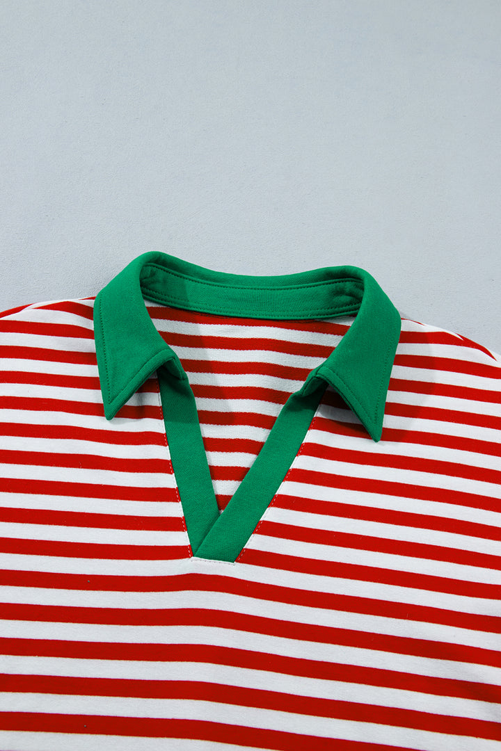 Red Stripe Colorblock Trim Polo Collar Drawstring Elastic Waist Band Casual 2pcs Outfit