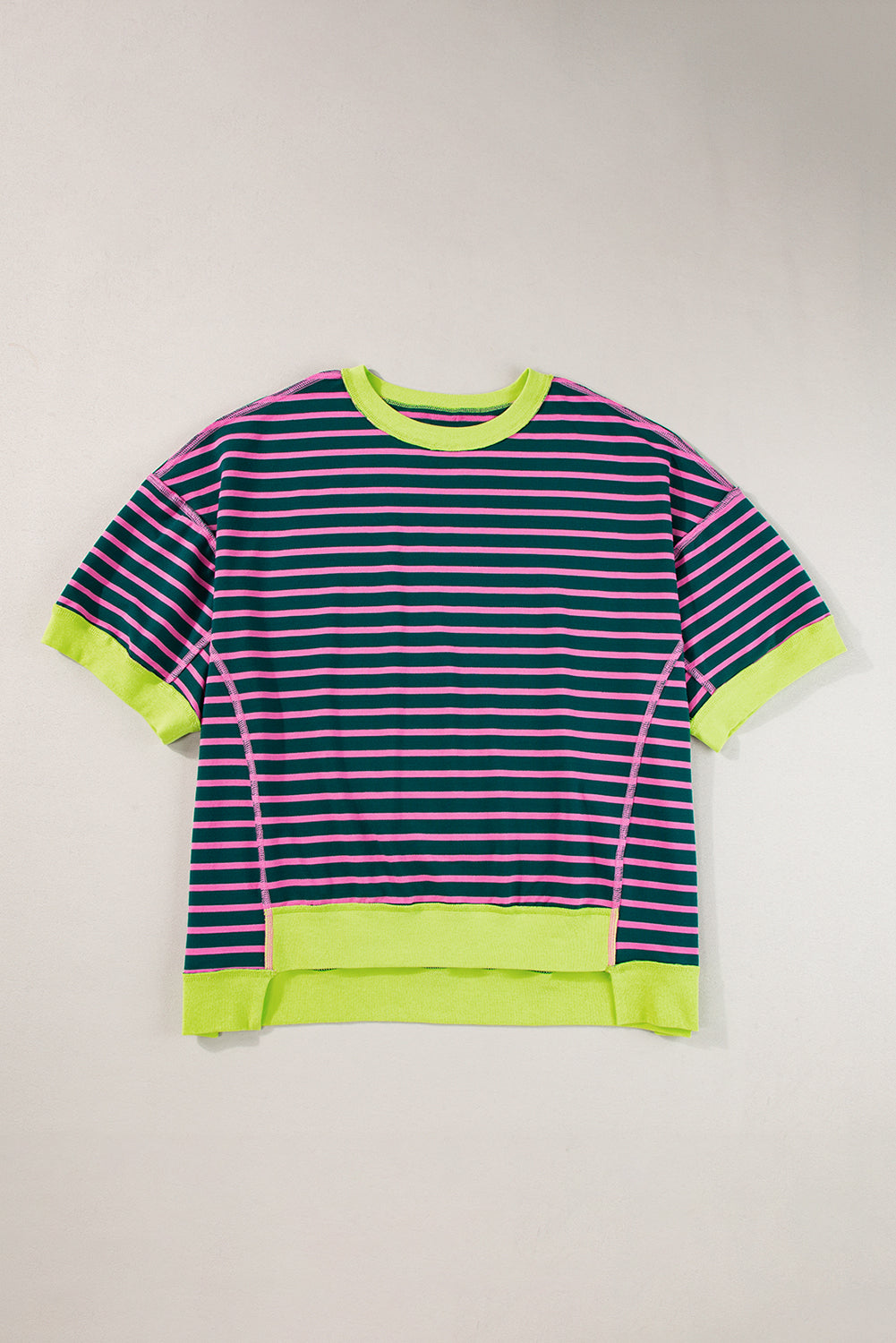 Stripe Oversized Contrast Trim Exposed Seam High Low T Shirt