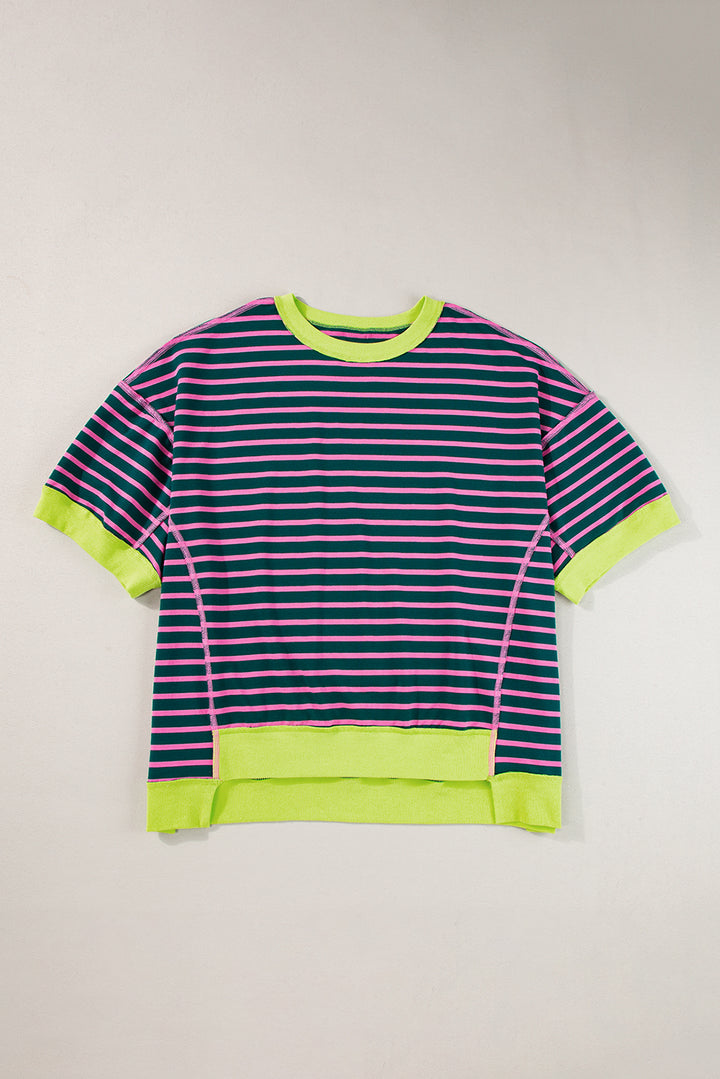 Stripe Oversized Contrast Trim Exposed Seam High Low T Shirt