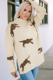 Parchment Lively Cheetah Print High Neck Split Hem Sweater -