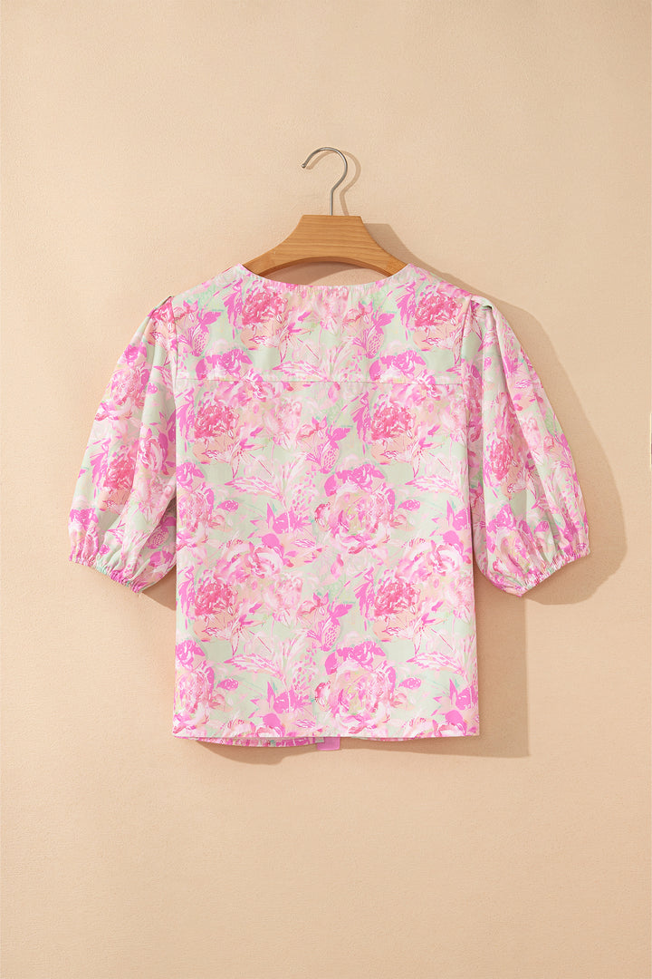 Pink Ribbon Knot Front Floral Short Puff Sleeve Blouse