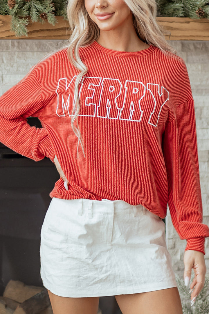 Twisted Rib Outlined Merry Letter Graphic Loose Long Sleeve Top