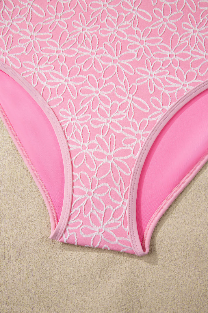 Pink Corded Flower Texture Spaghetti Straps Halterneck One Piece Swimsuit