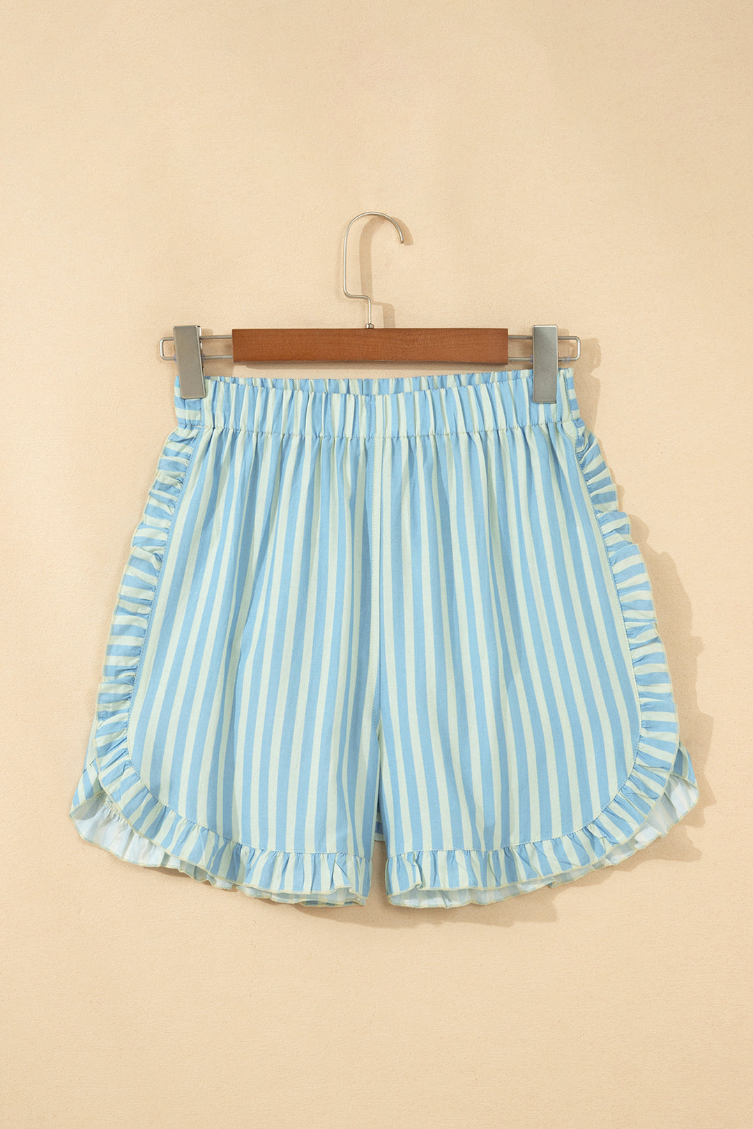 Stripe Elastic Waist Ruffle Trim Casual Shorts