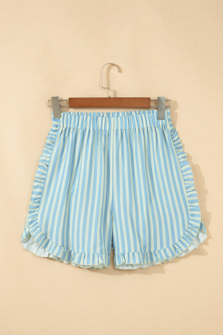 Stripe Elastic Waist Ruffle Trim Casual Shorts