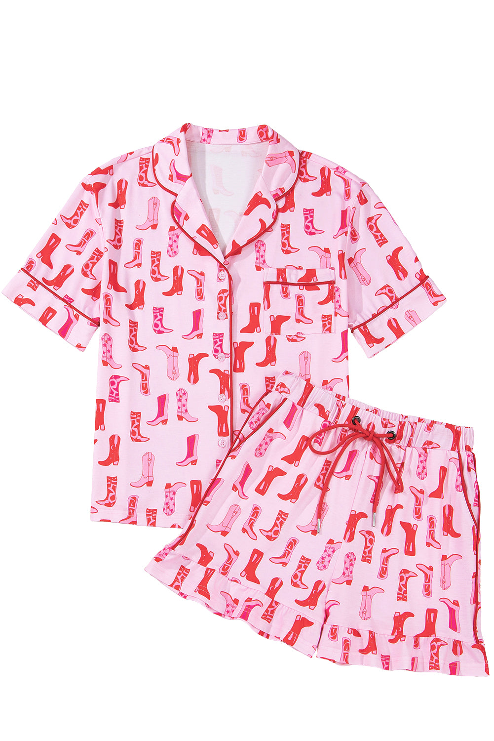 Pink Western Cowgirl Boots Printed Shirt Ruffled Shorts Pajama Set