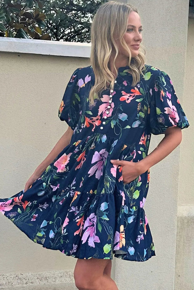 Black Floral Short Bubble Sleeve Button Mandarin Collar Dress -