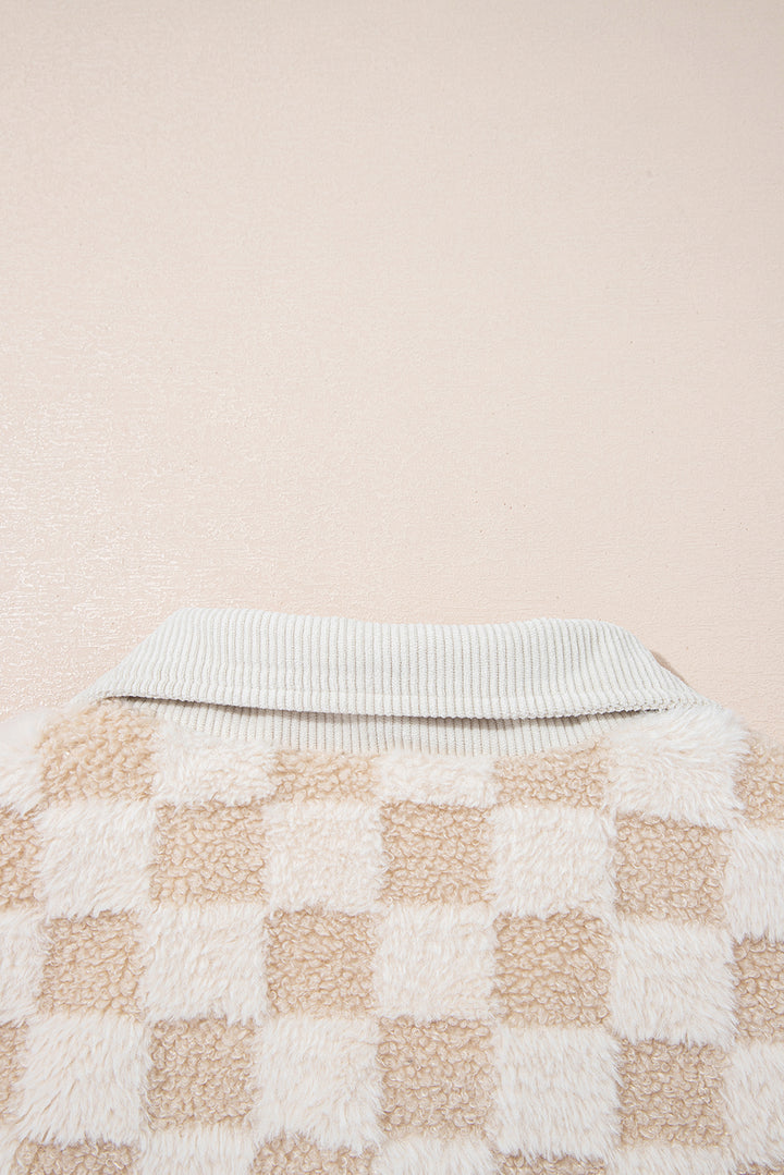 Khaki Checker Sherpa Corduroy Patchwork Zip up Collared Jacket