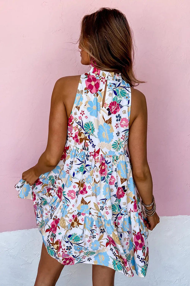 White Frill Mock Neck Sleeveless Tiered Floral Dress -