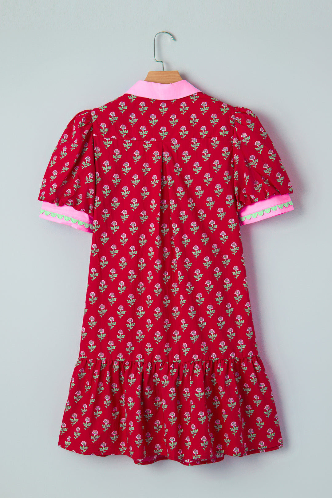 Red Floral Print Contrasted V Neck Short Bubble Sleeve Mini Dress