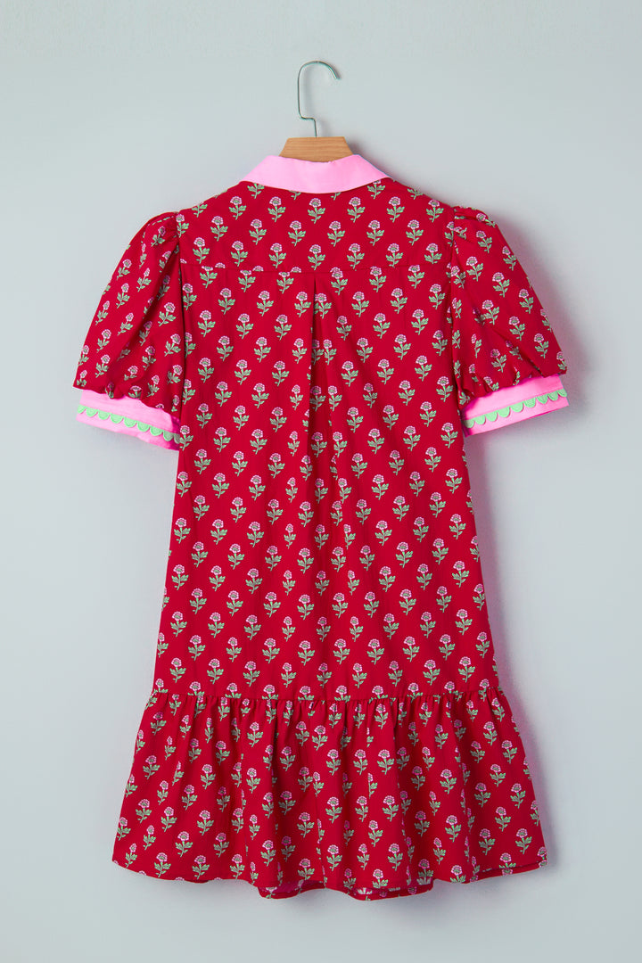 Red Floral Print Contrasted V Neck Short Bubble Sleeve Mini Dress