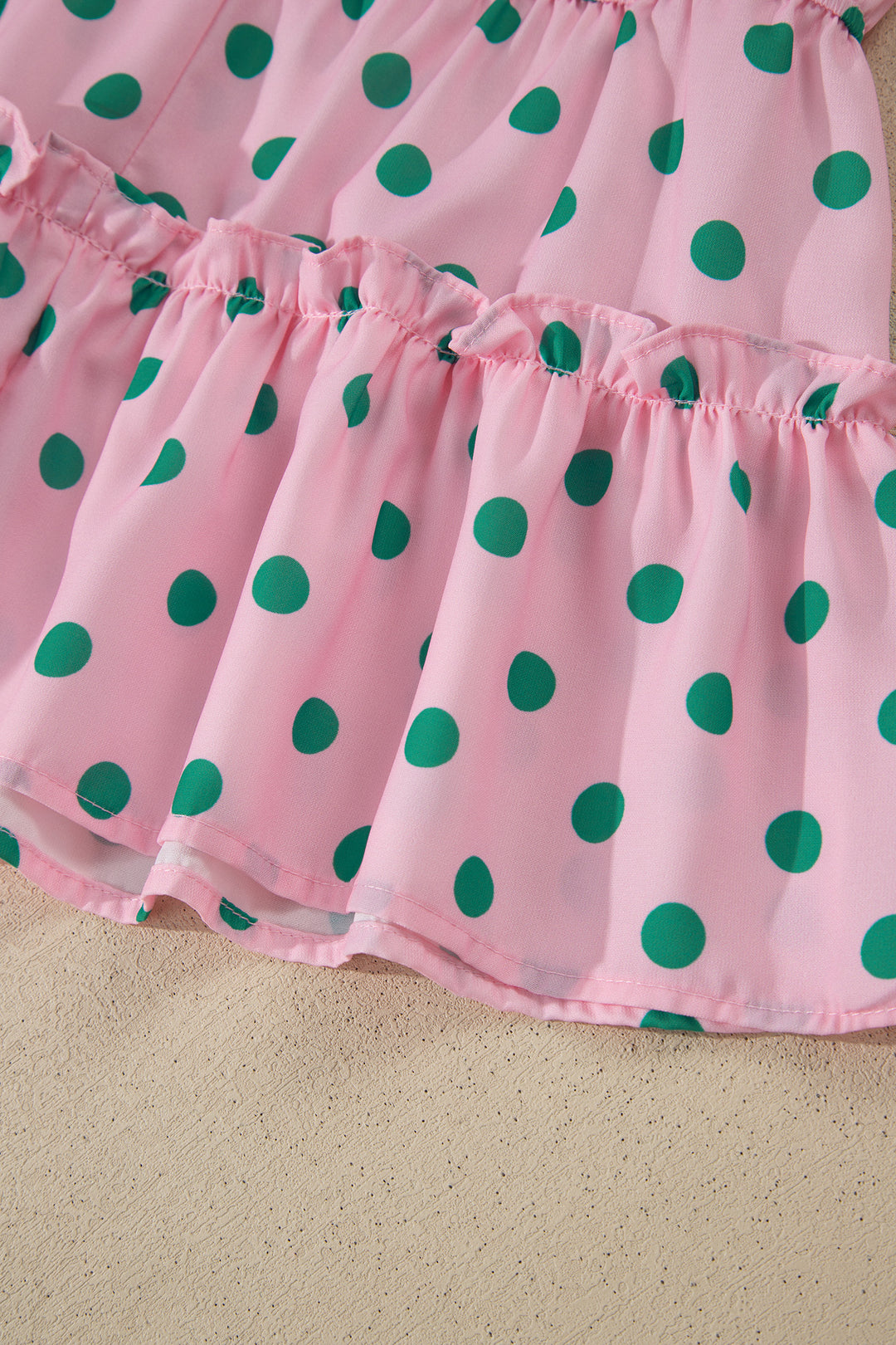 Pink V Neck Polka Dot Print Drawstring Tiered Babydoll Blouse
