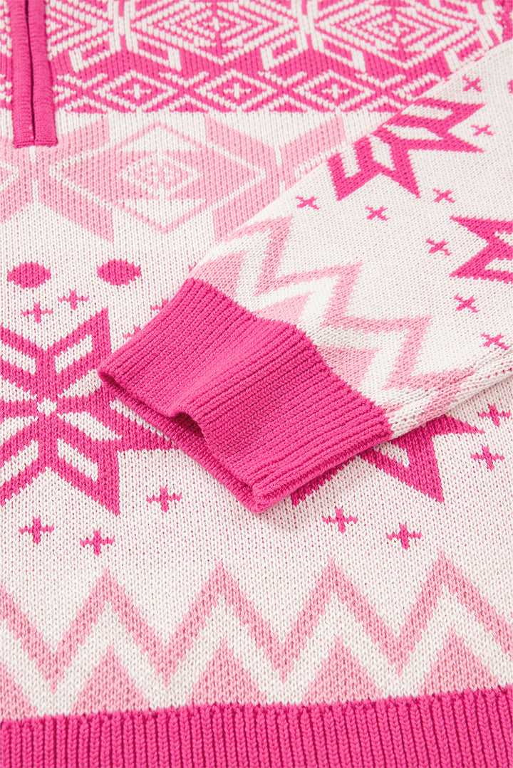 Rose Red Christmas Snowflake Quarter Zip Collard Sweater