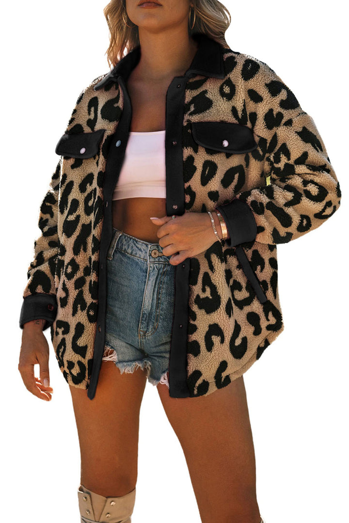 Contrast Trimmed Leopard Teddy Shacket