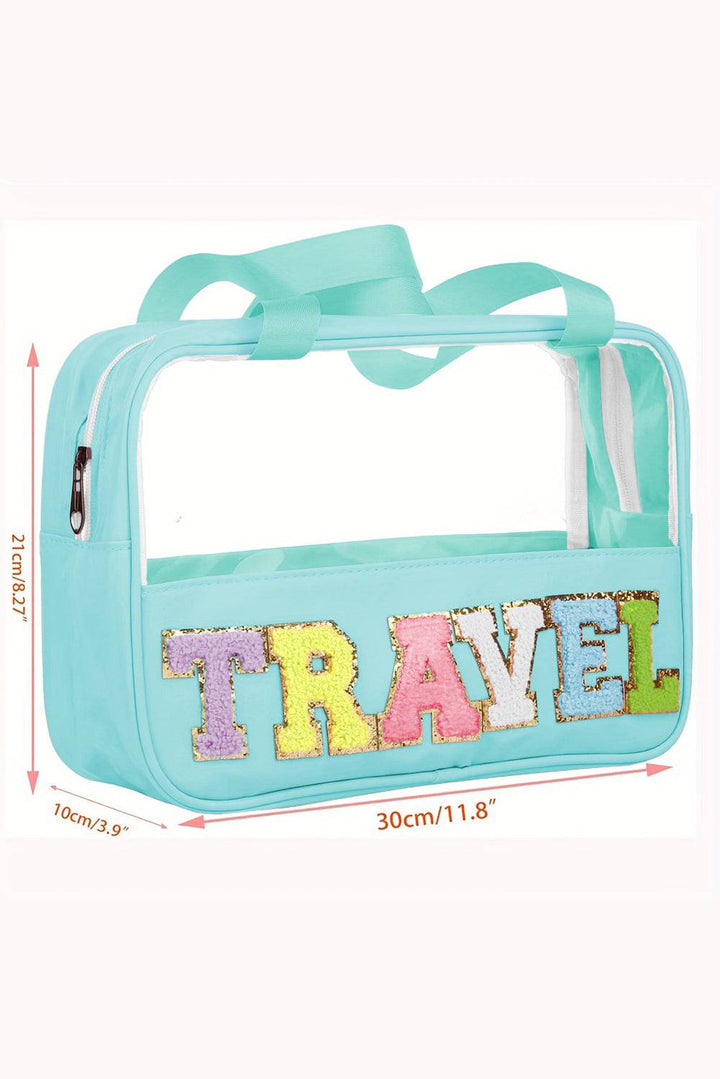 a blue bag with the words travel on it