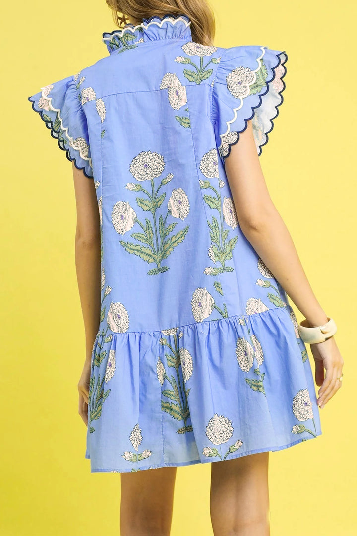 Wild Floral Print Scalloped Embroidery Trim V Neck Drop Waist Mini Dress