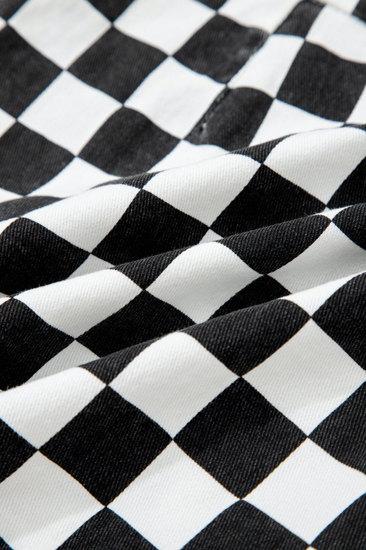Black Checkered Print Overlap Denim Shorts
