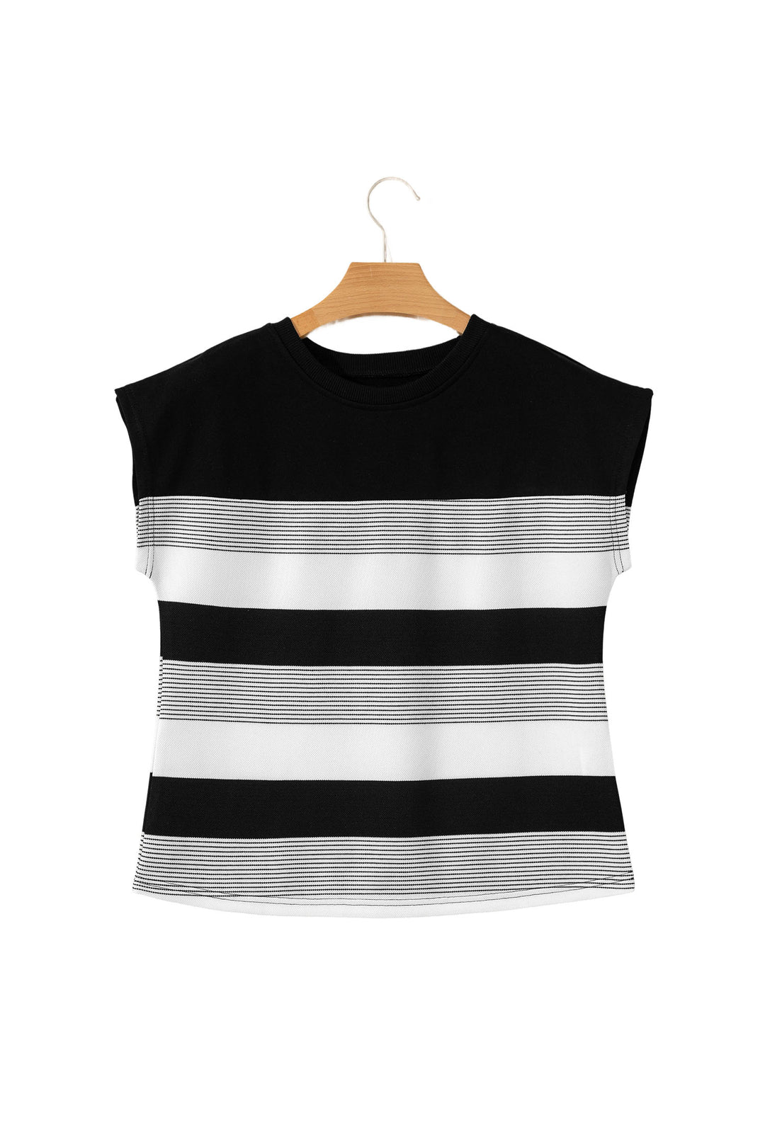 Stripe Mixed Print Crew Neck Cap Sleeve T Shirt